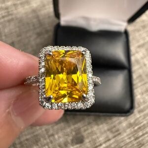 Canary Ring, Elegant Yellow CZ Gemstone Ring w/Silver, Christmas Gift, Holiday